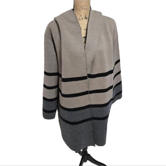 Oliver Bonas Sweaters - OLIVER O Neutral Hooded Striped Cozy Cardigan Coatigan Heavyweight Plus Size 2X